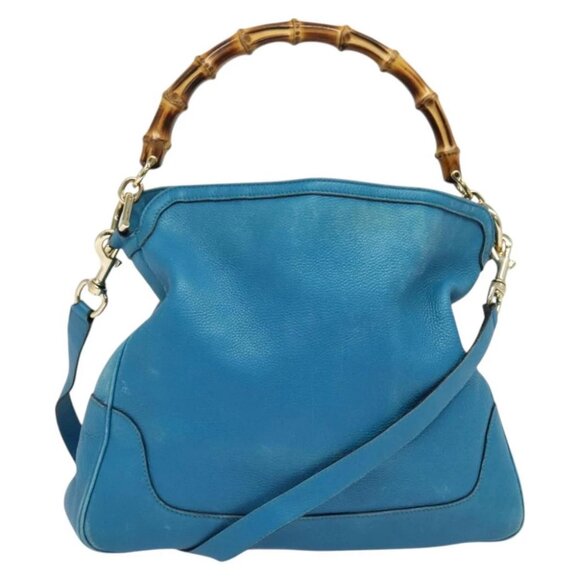 GUCCI Bamboo Hand Bag Leather 2way Blue Gold - Picture 1 of 16